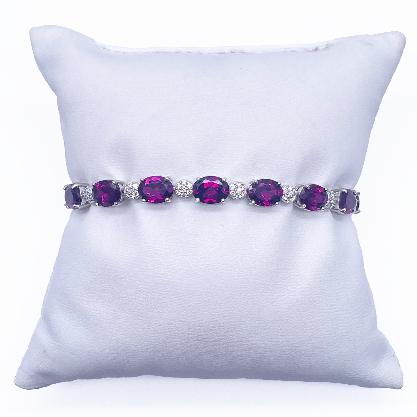 14ct White Gold Natural Diamond & Purple Rhodolite Garnet Oval Cluster Bracelet