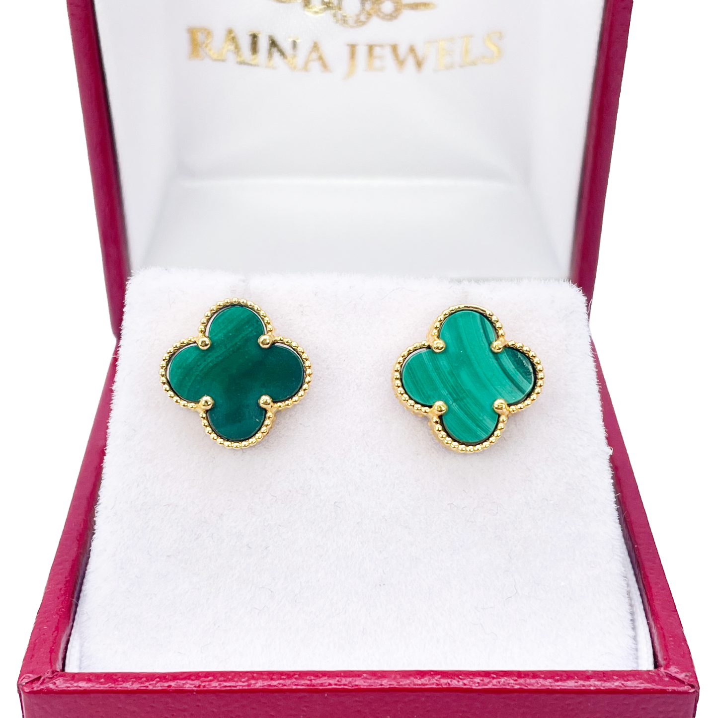 22ct Yellow Gold Malachite Clover Stud Earrings 11mm Width 
