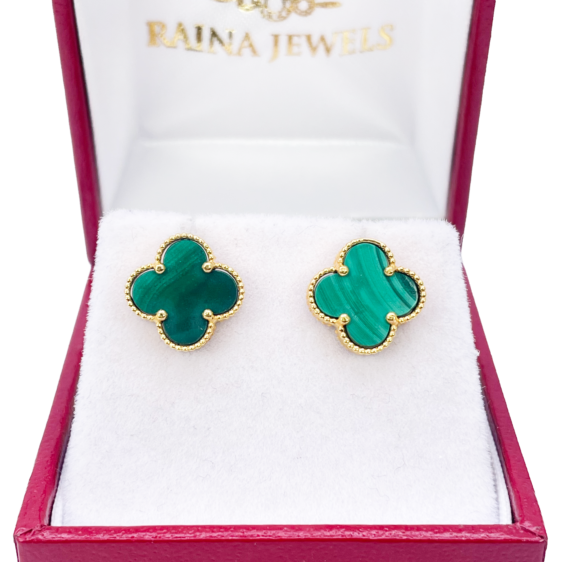 22ct Yellow Gold Malachite Clover Stud Earrings 11mm Width 