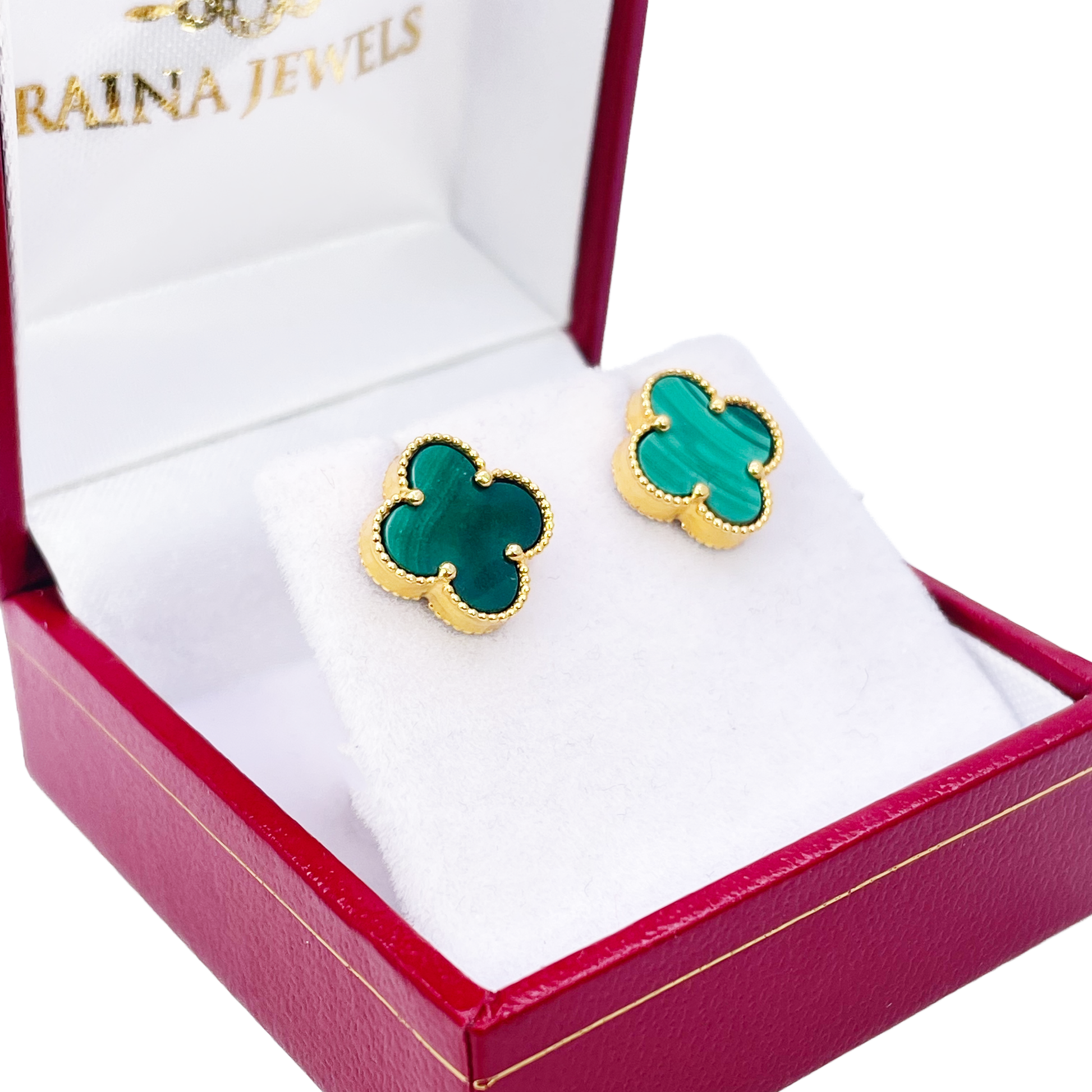 22ct Yellow Gold Malachite Clover Stud Earrings 11mm Width 