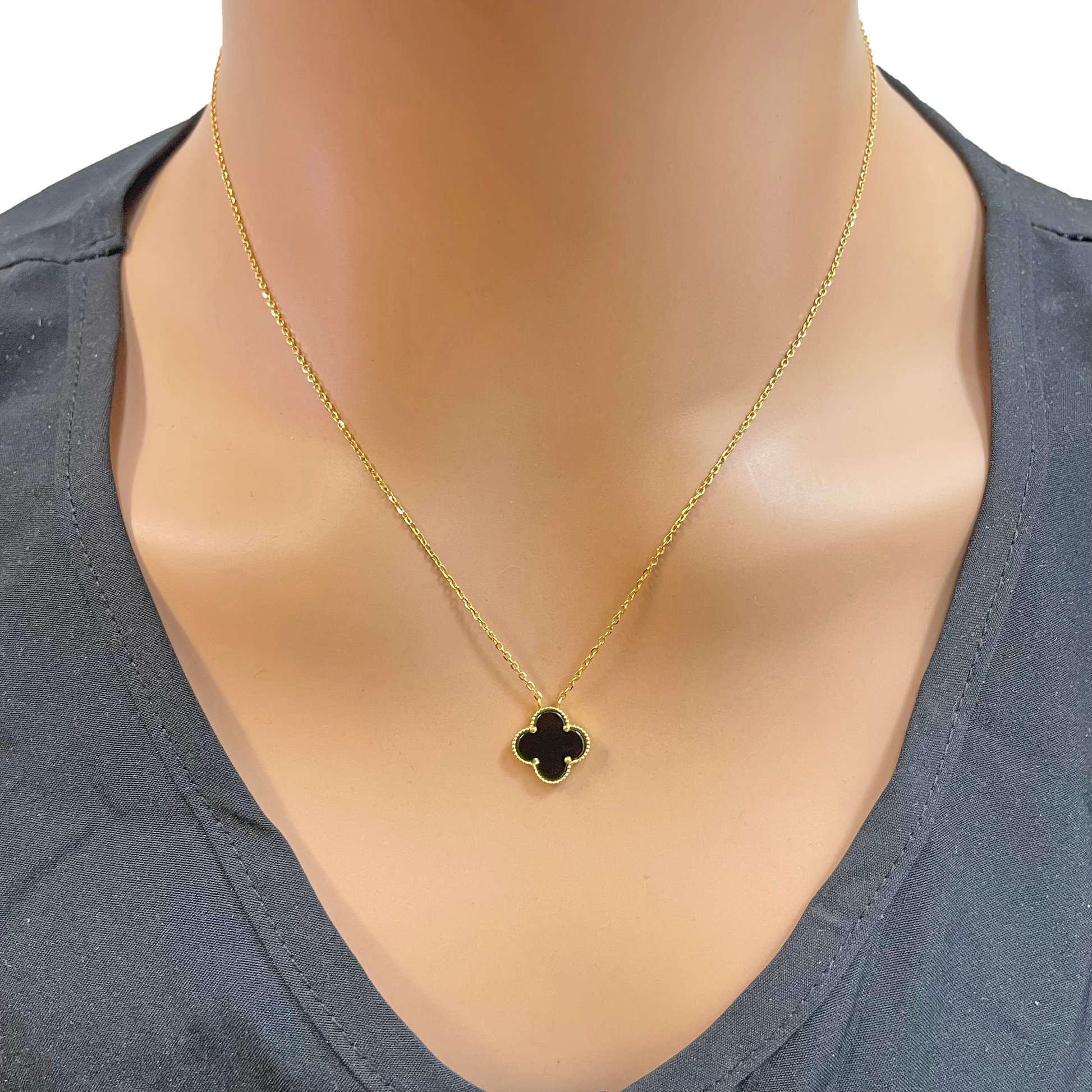 22ct Yellow Gold Black Onyx Single Clover Necklace 17.5 Inches  Diamond Bracelets