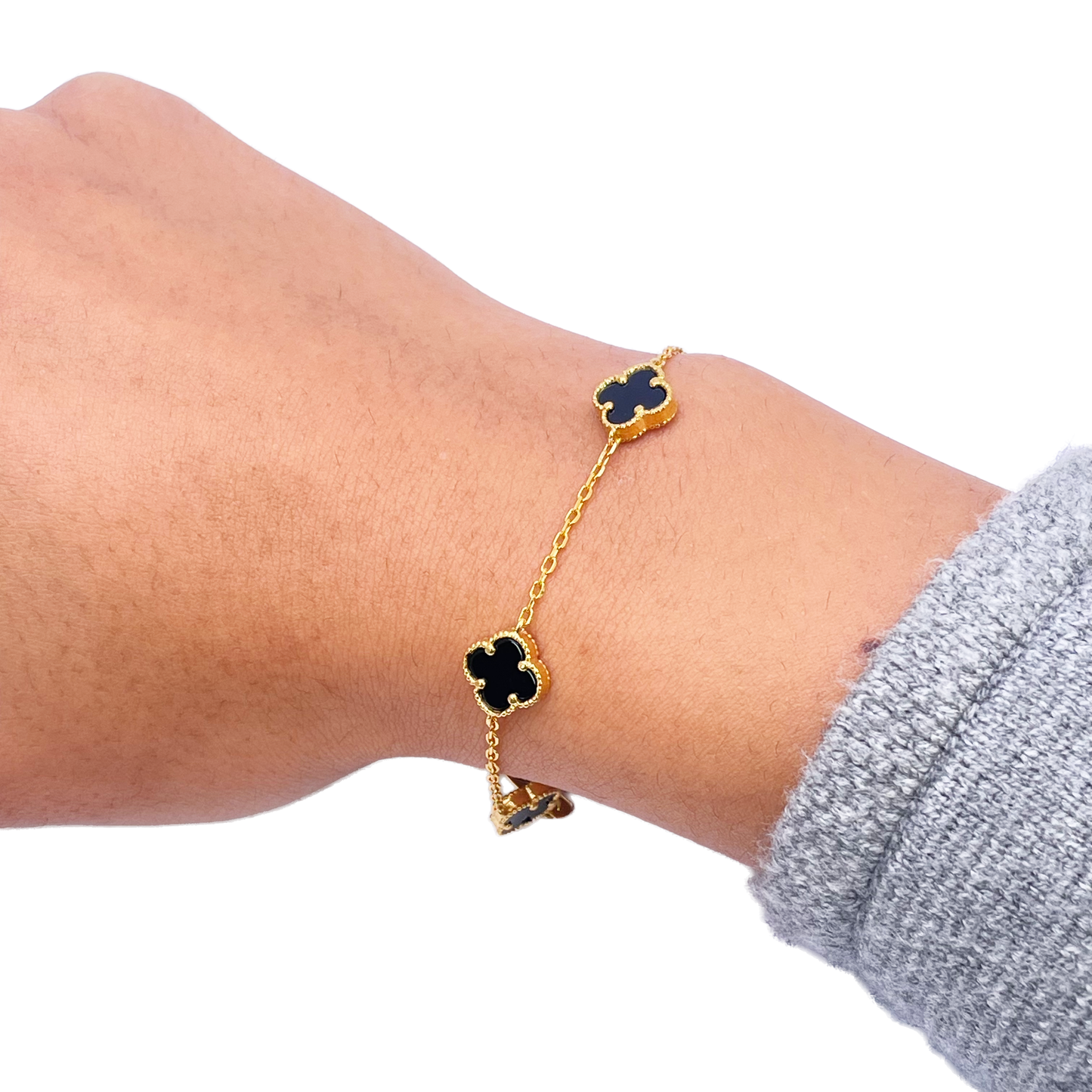 22ct Yellow Gold 5 Floral Clover Black Onyx Bracelet 7.5 inches, 9.5mm Width