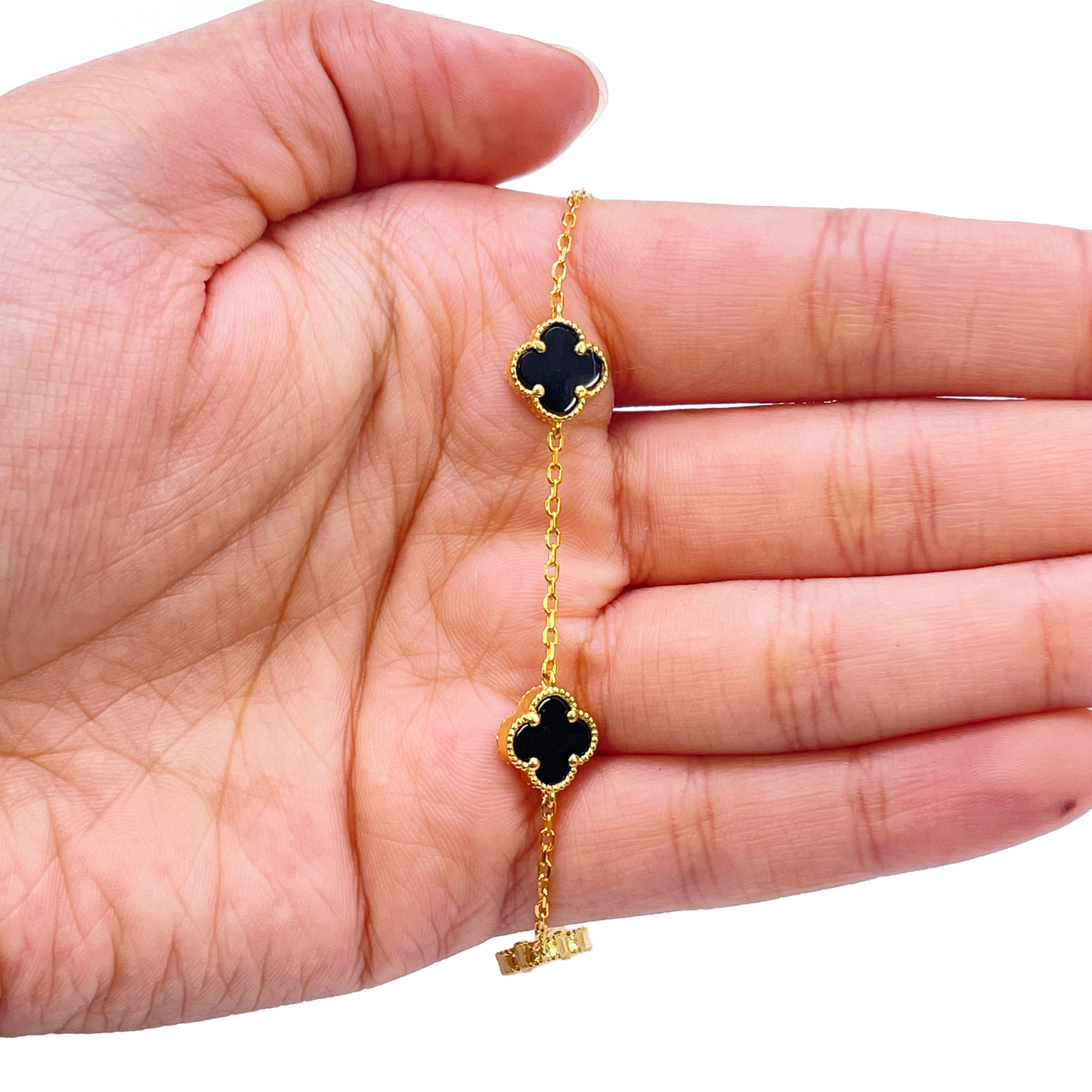 22ct Yellow Gold 5 Floral Clover Black Onyx Bracelet 7.5 inches, 9.5mm Width