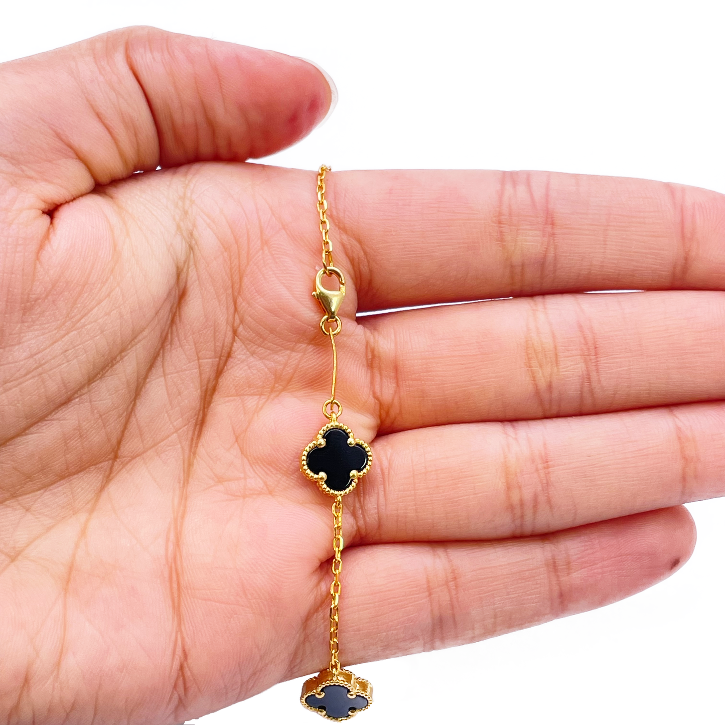 22ct Yellow Gold 5 Floral Clover Black Onyx Bracelet 7.5 inches, 9.5mm Width