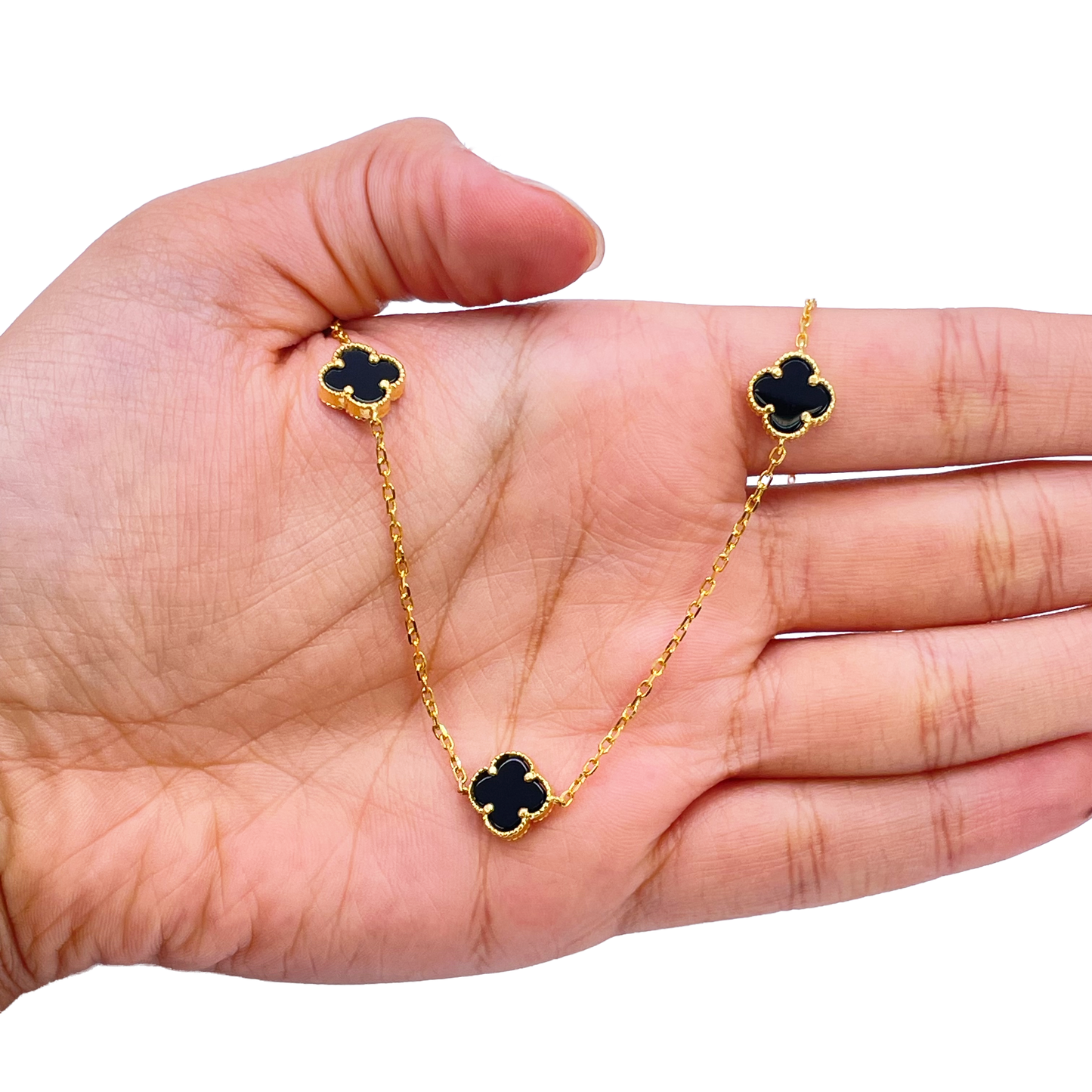 22ct Yellow Gold Black Onyx Clover Necklace 19.5"inches Width 9.4mm