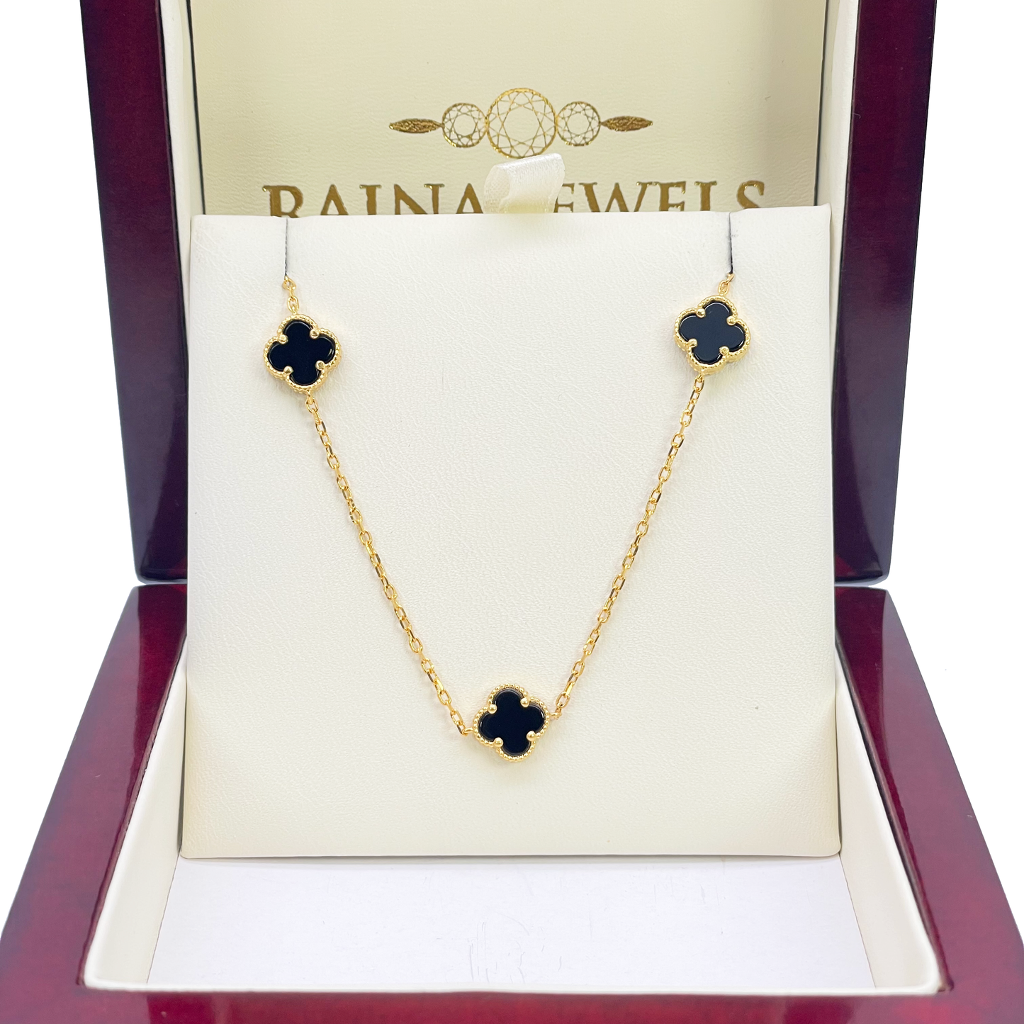 22ct Yellow Gold Black Onyx Clover Necklace 19.5"inches Width 9.4mm