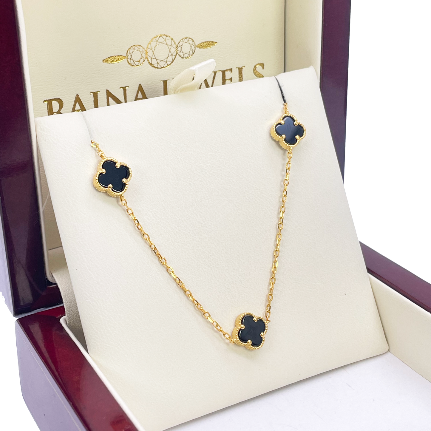 22ct Yellow Gold Black Onyx Clover Necklace 19.5"inches Width 9.4mm