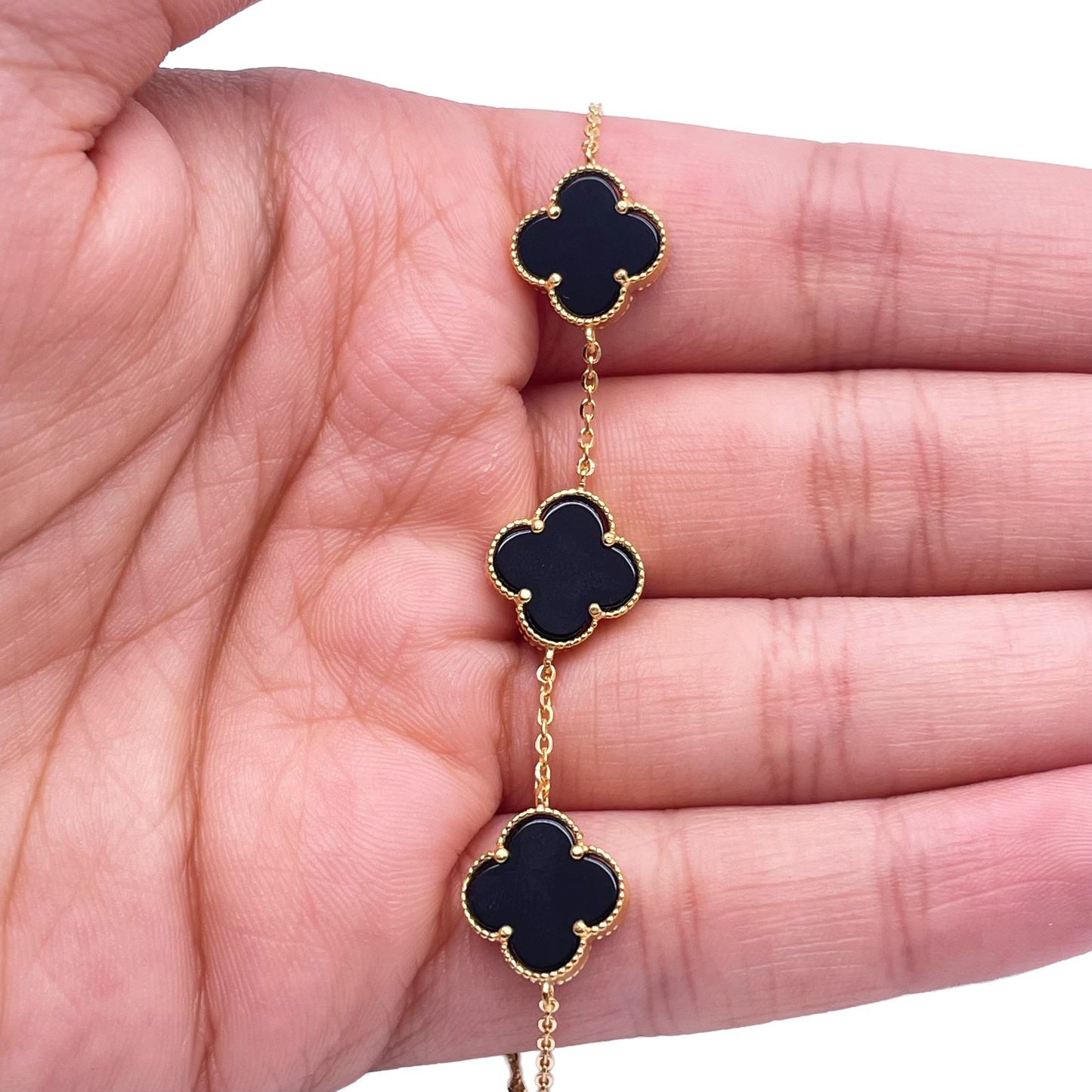 22ct Yellow Gold Black Onyx Clover Necklace, Bracelet & Matching Earrings Set