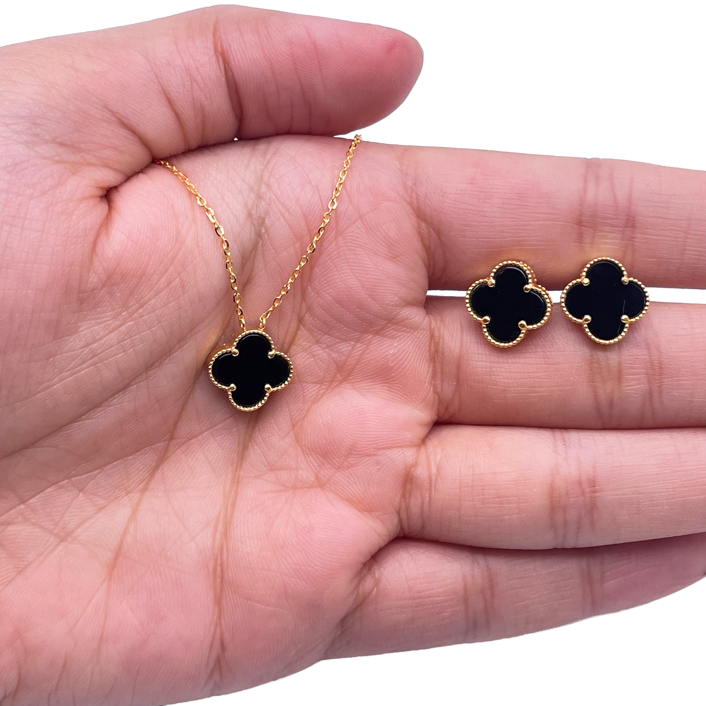 22ct Yellow Gold Black Onyx Clover Necklace, Bracelet & Matching Earrings Set