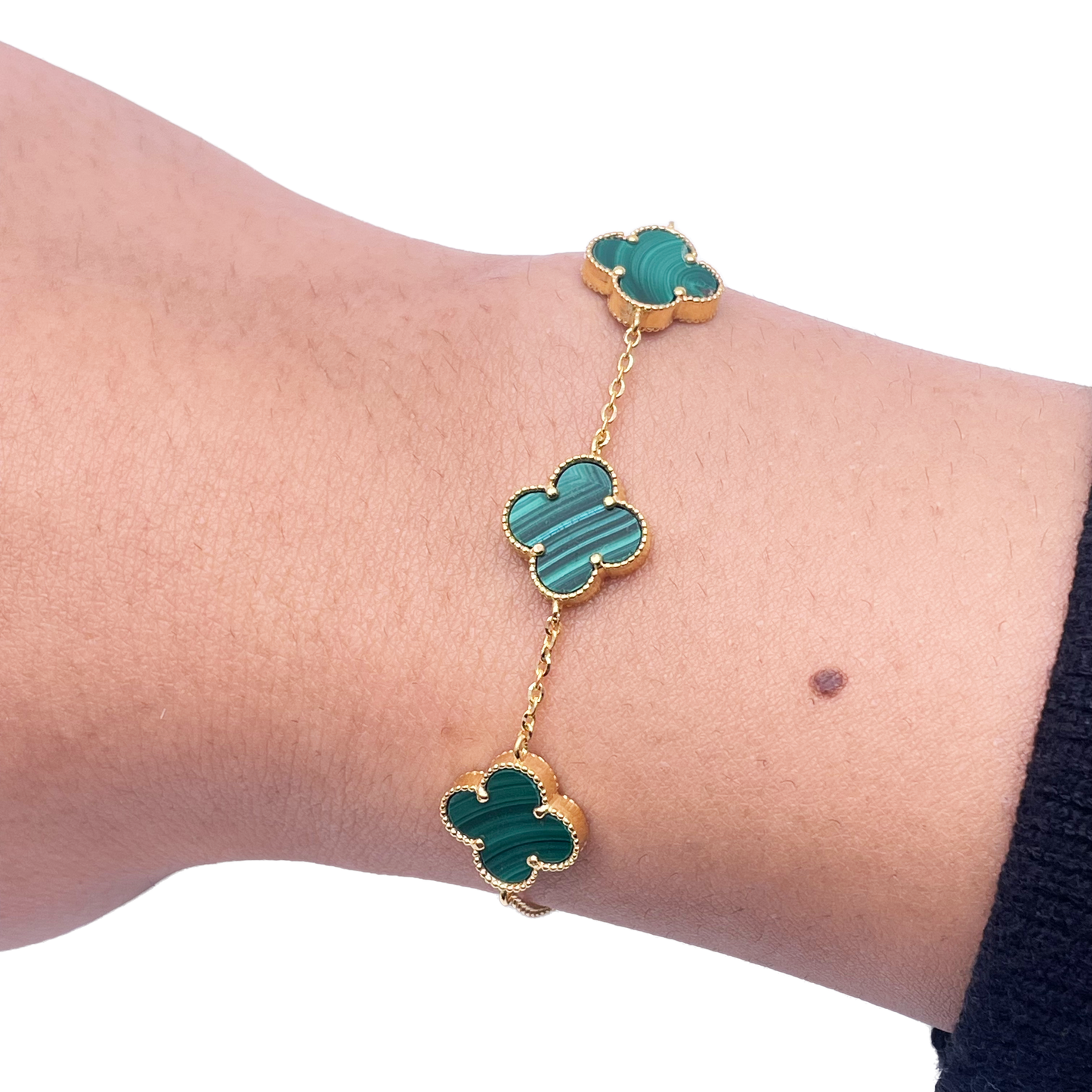 22ct Yellow Gold Malachite Clover Necklace, Bracelet & Matching Earrings Set