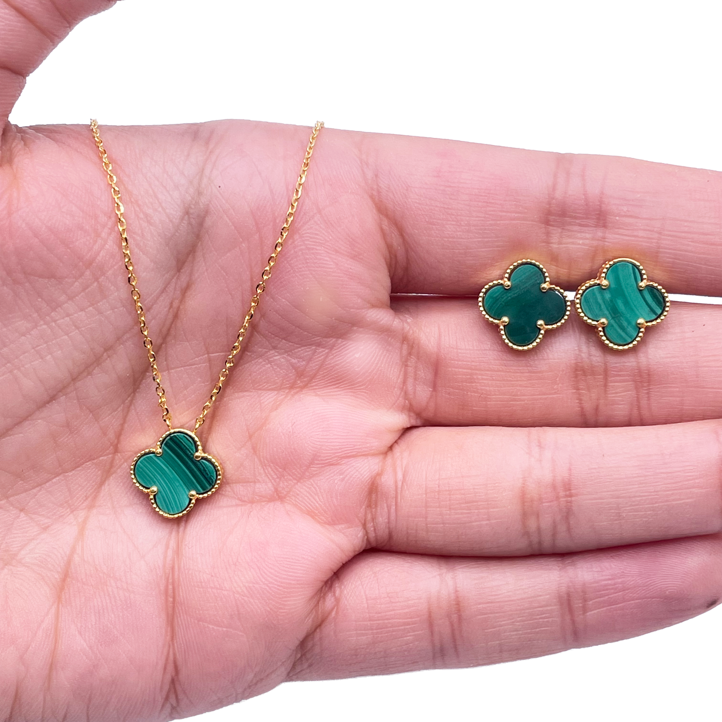 22ct Yellow Gold Malachite Clover Necklace, Bracelet & Matching Earrings Set