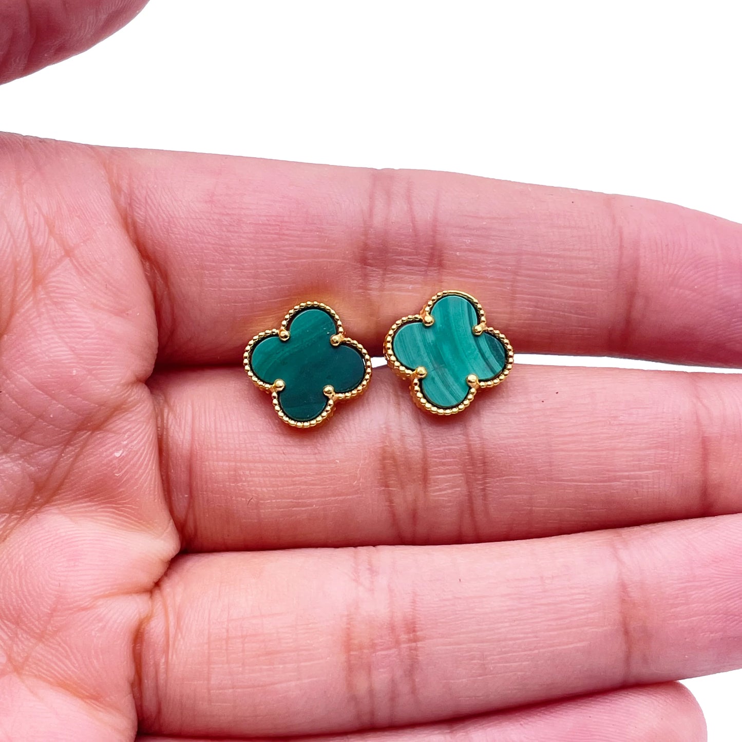 22ct Yellow Gold Malachite Clover Stud Earrings 11mm Width 