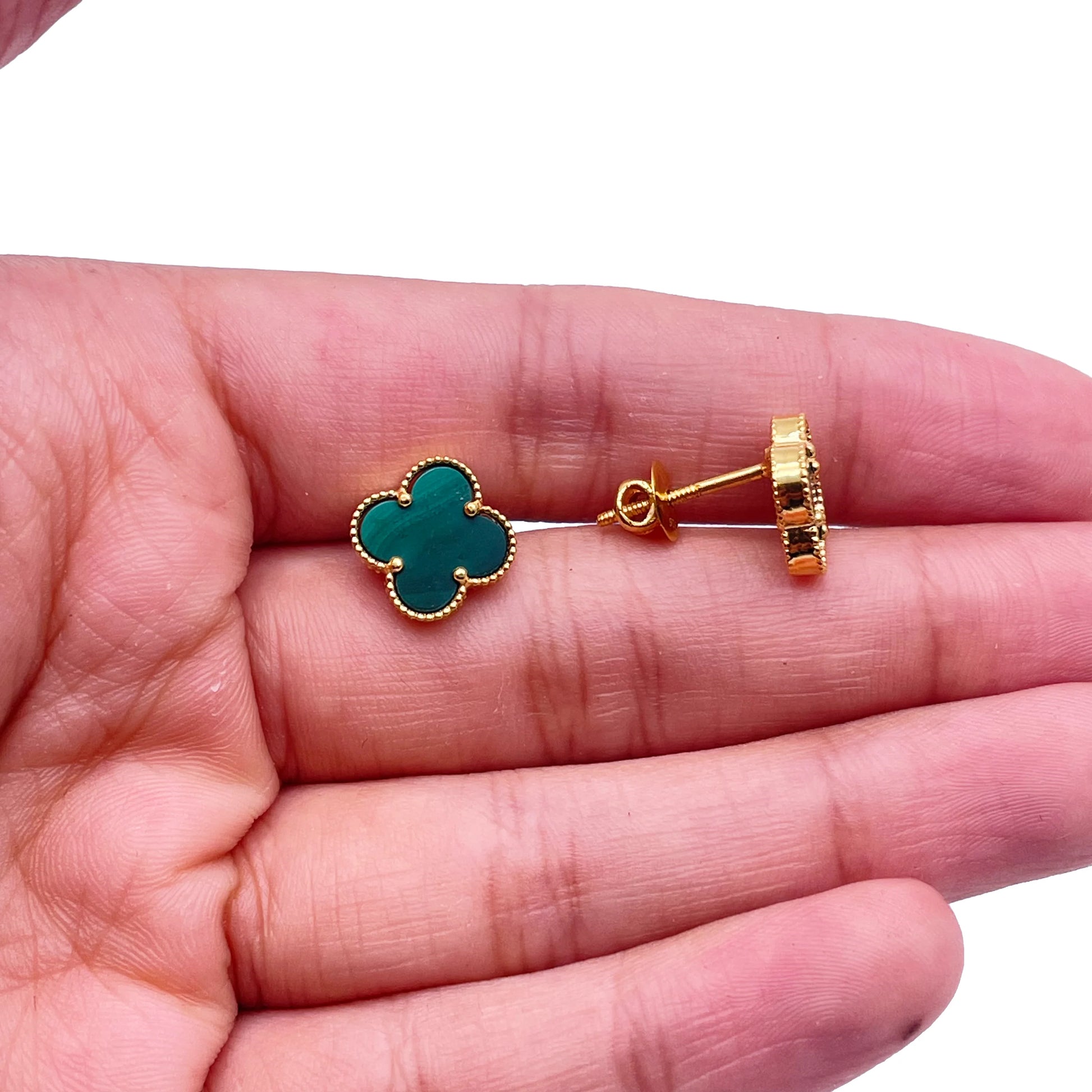 22ct Yellow Gold Malachite Clover Stud Earrings 11mm Width 