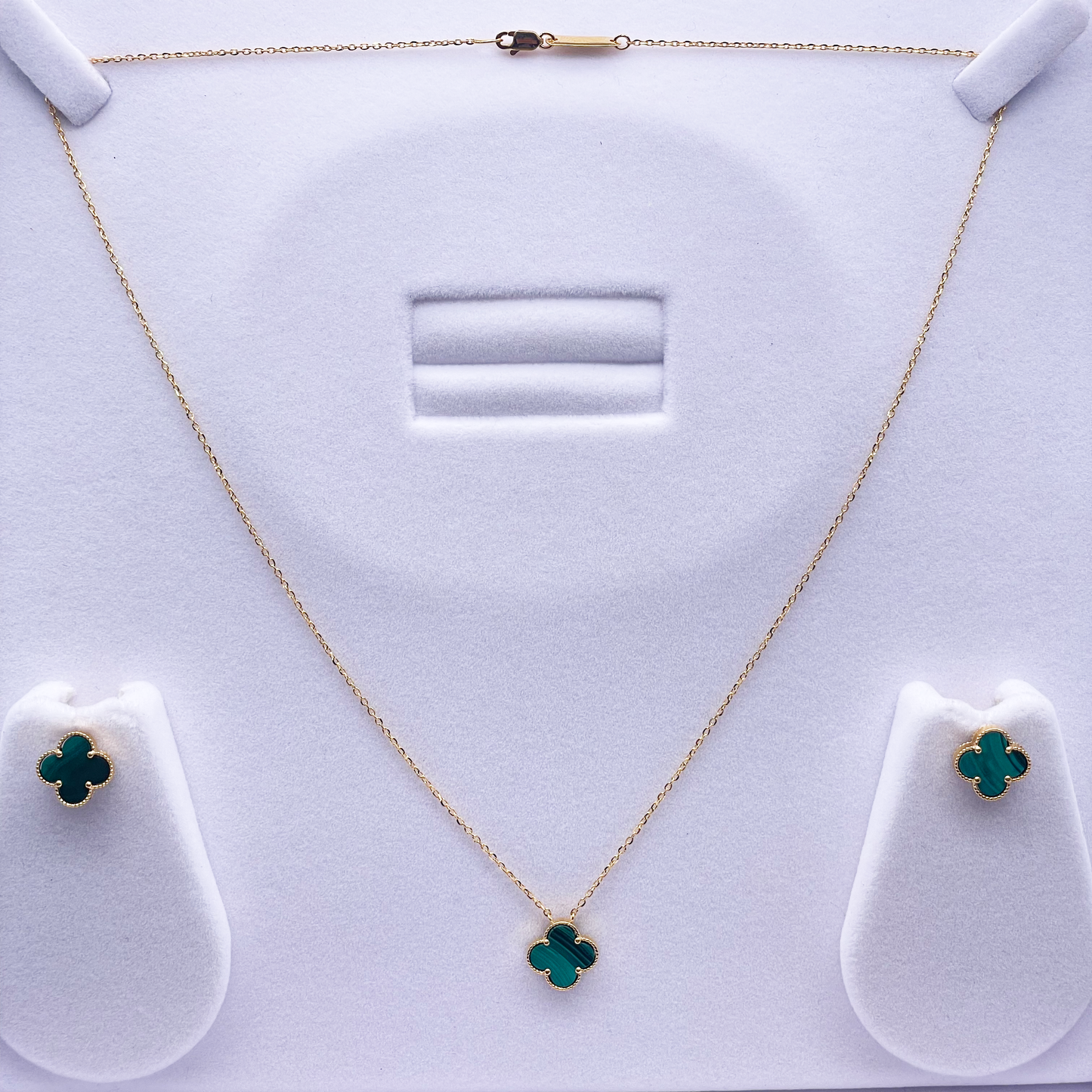 22ct Yellow Gold Malachite Clover Necklace, Bracelet & Matching Earrings Set