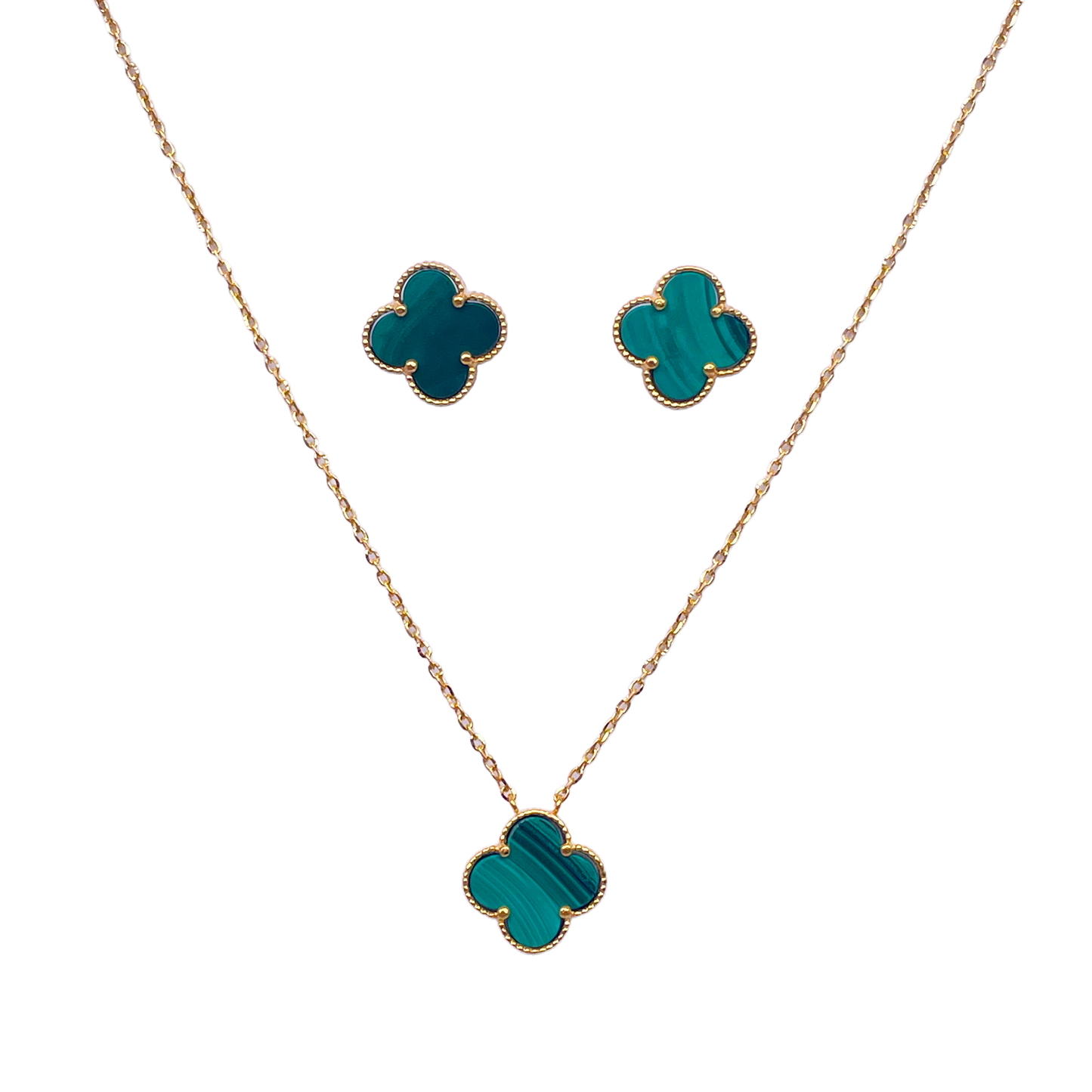 22ct Yellow Gold Malachite Clover Necklace, Bracelet & Matching Earrings Set