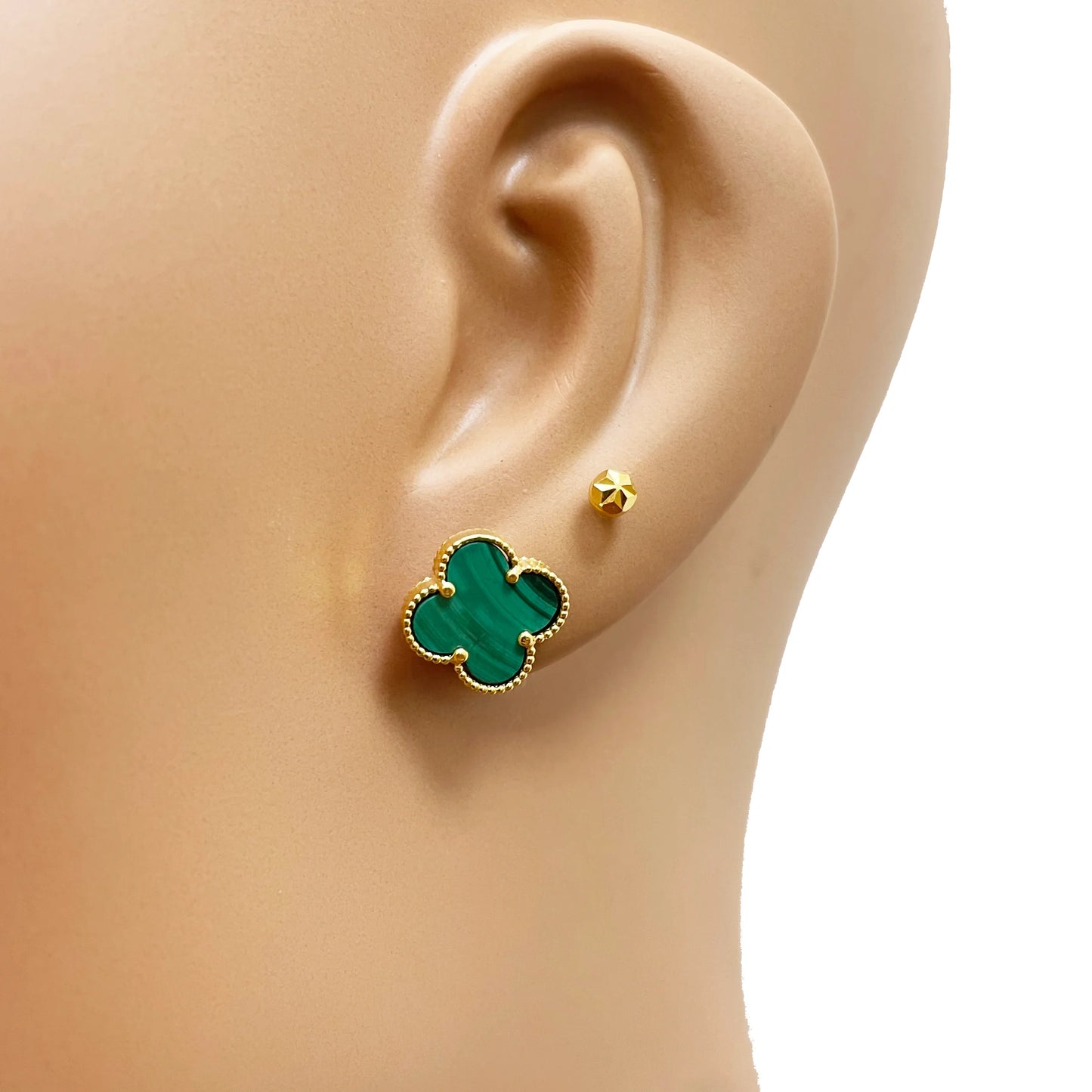 22ct Yellow Gold Malachite Clover Stud Earrings 11mm Width 