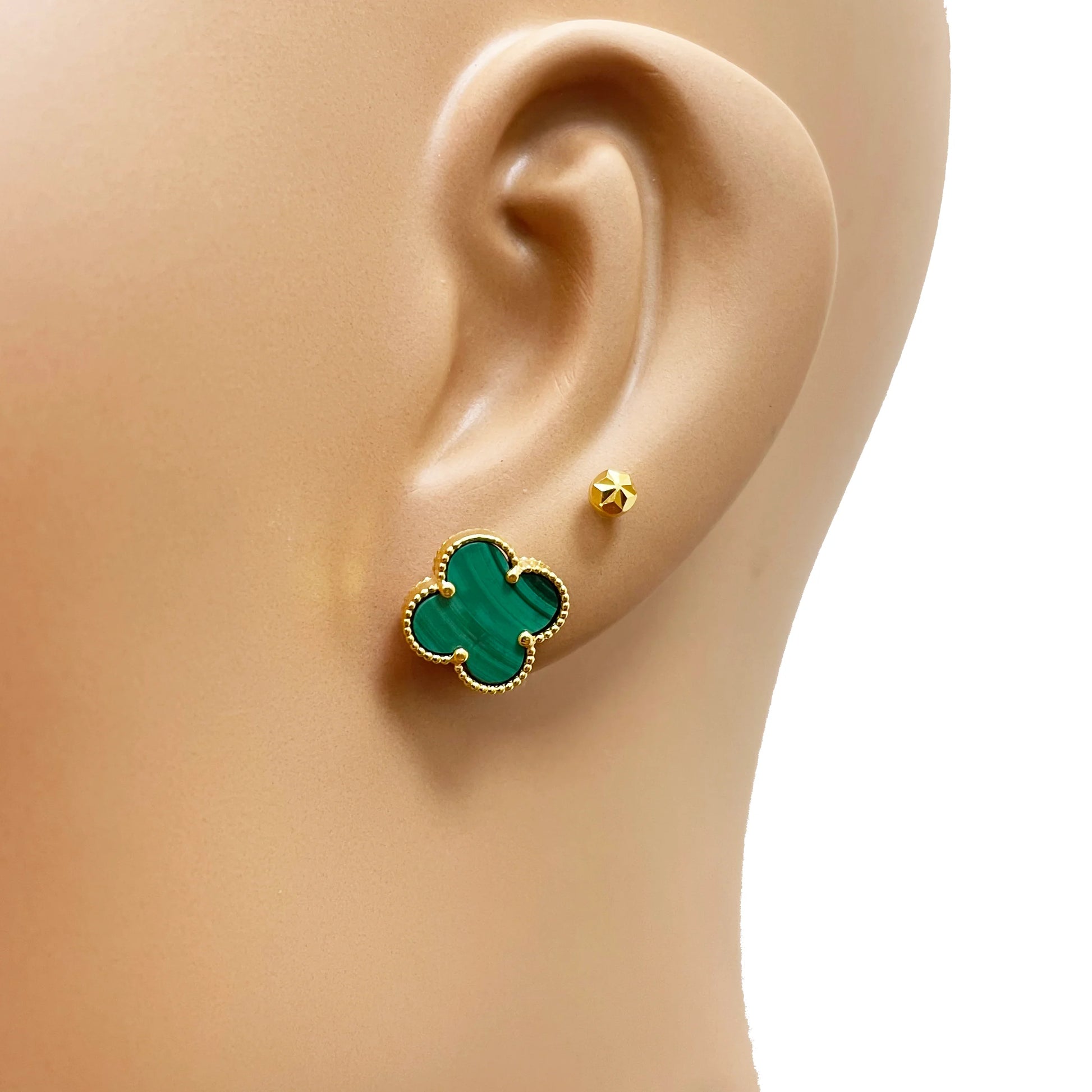 22ct Yellow Gold Malachite Clover Stud Earrings 11mm Width 