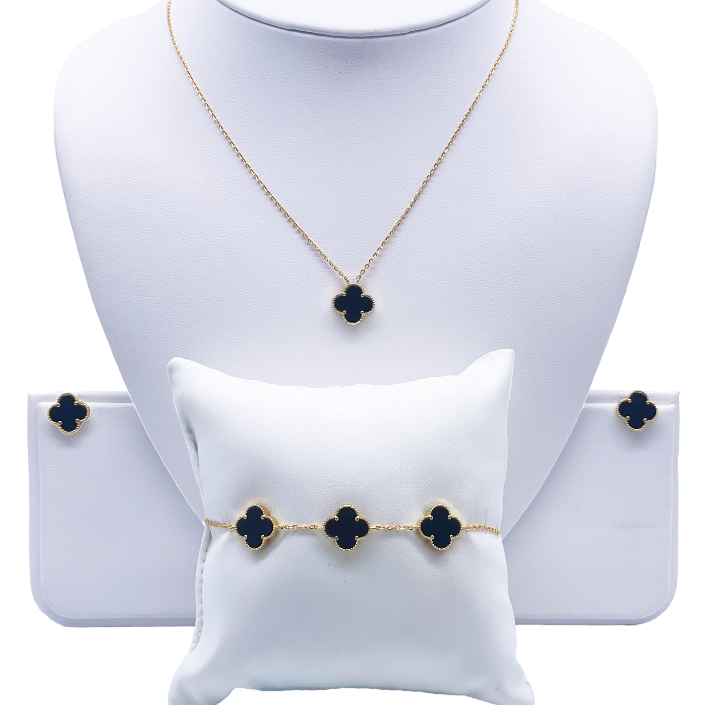 22ct Yellow Gold Black Onyx Clover Necklace, Bracelet & Matching Earrings Set