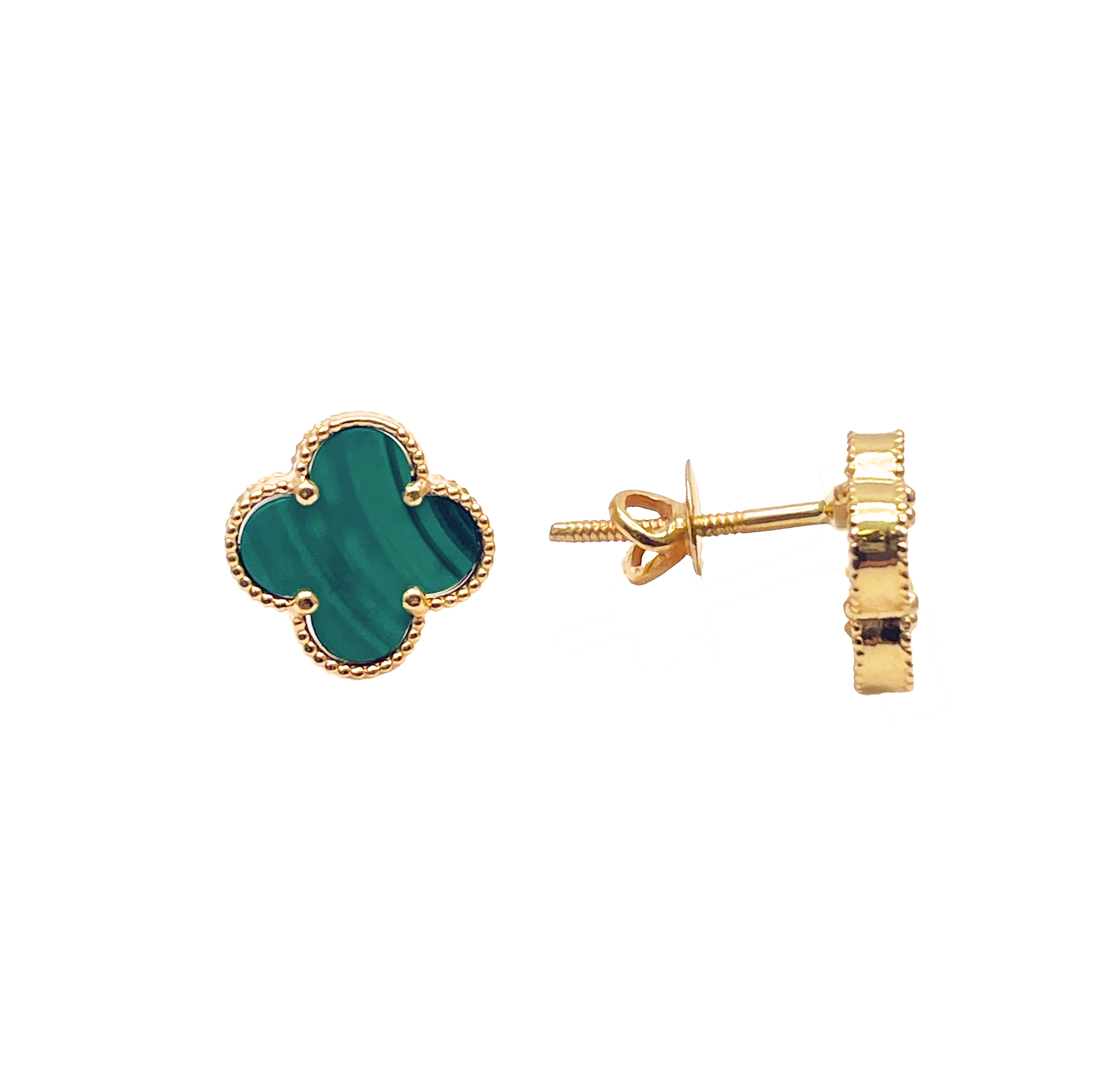 22ct Yellow Gold Malachite Clover Stud Earrings 11mm Width 