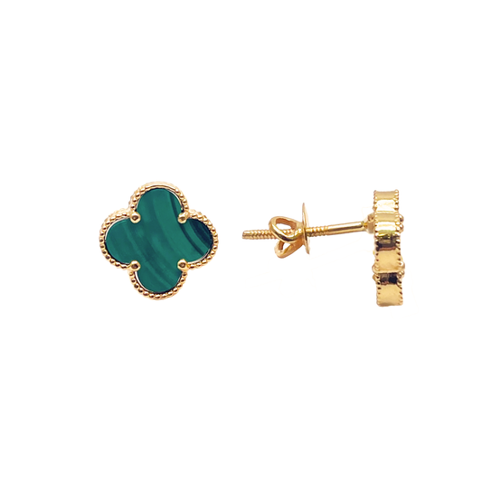 22ct Yellow Gold Malachite Clover Stud Earrings 11mm Width 