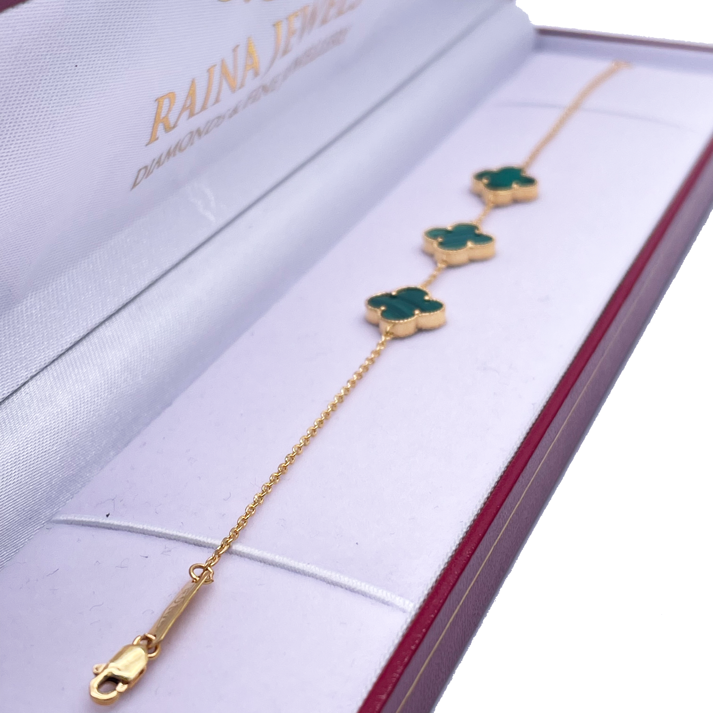 22ct Yellow Gold Malachite Clover Necklace, Bracelet & Matching Earrings Set