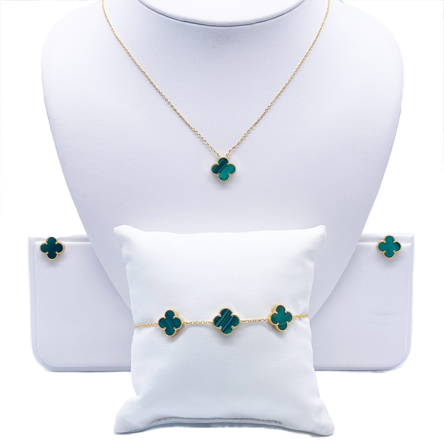 22ct Yellow Gold Malachite Clover Necklace, Bracelet & Matching Earrings Set