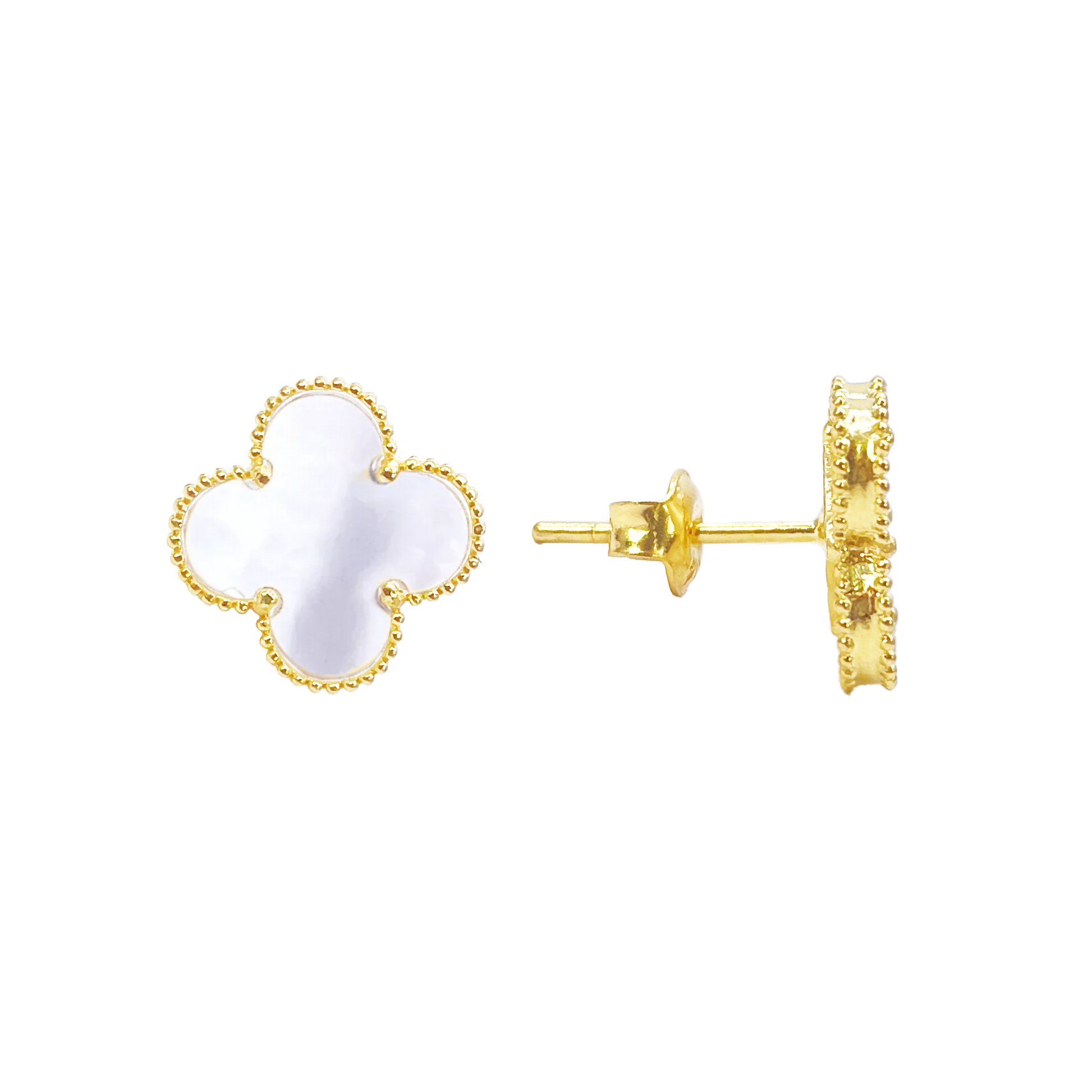 Gold clover-shaped earrings on a white background