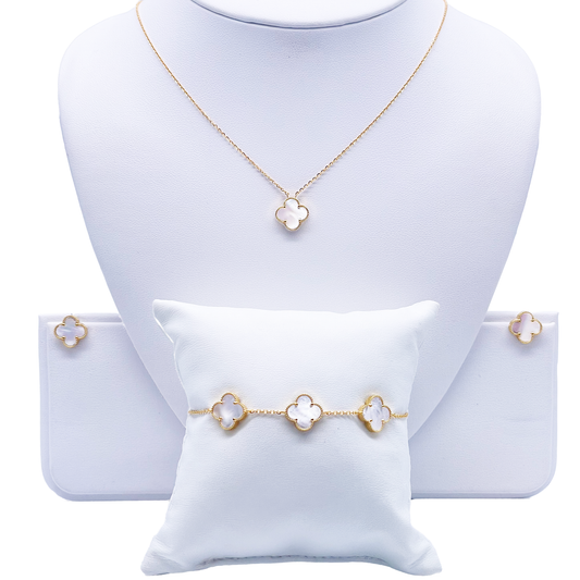 22ct Yellow Gold Mother Of Pearl Clover Necklace, Bracelet & Matching Earrings Set