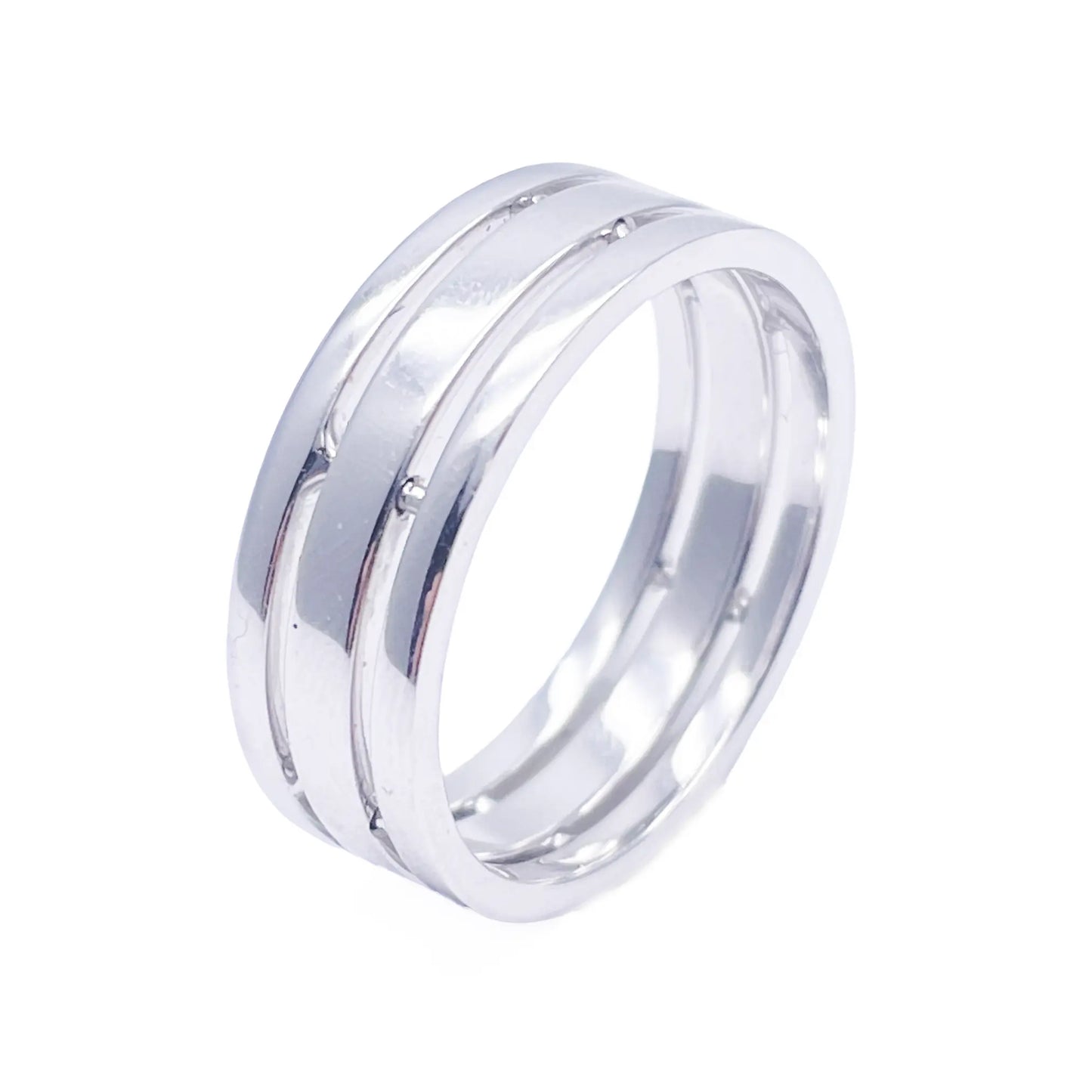 Mens Platinum 7mm Unique Polished 3 Row Cut Out Wedding Band Heavy Weight  Platinum Ring