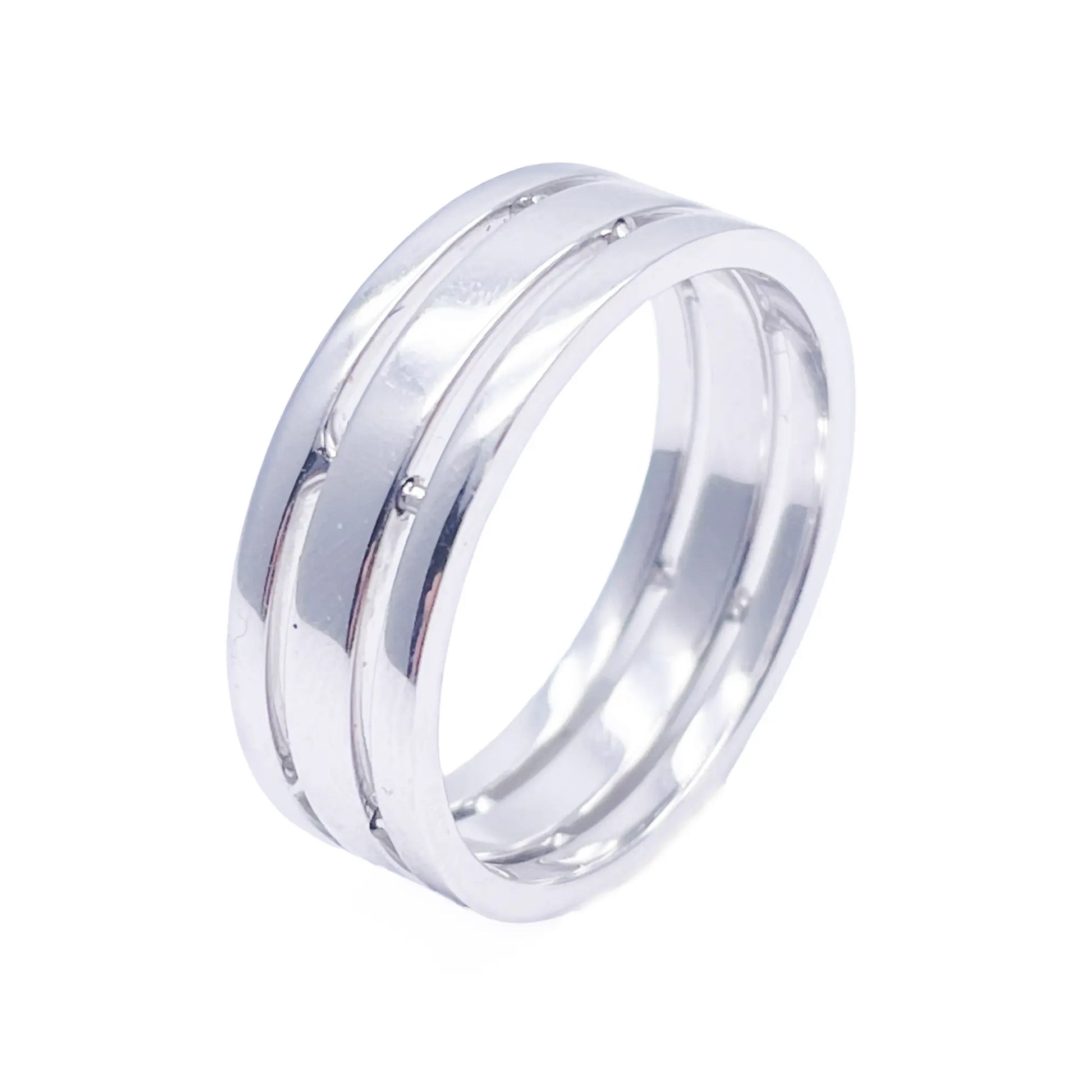 Mens Platinum 7mm Unique Polished 3 Row Cut Out Wedding Band Heavy Weight  Platinum Ring