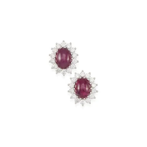 Platinum Cabochon Ruby & Diamond Oval Cluster Earrings 5.60ct GIA Certificate 