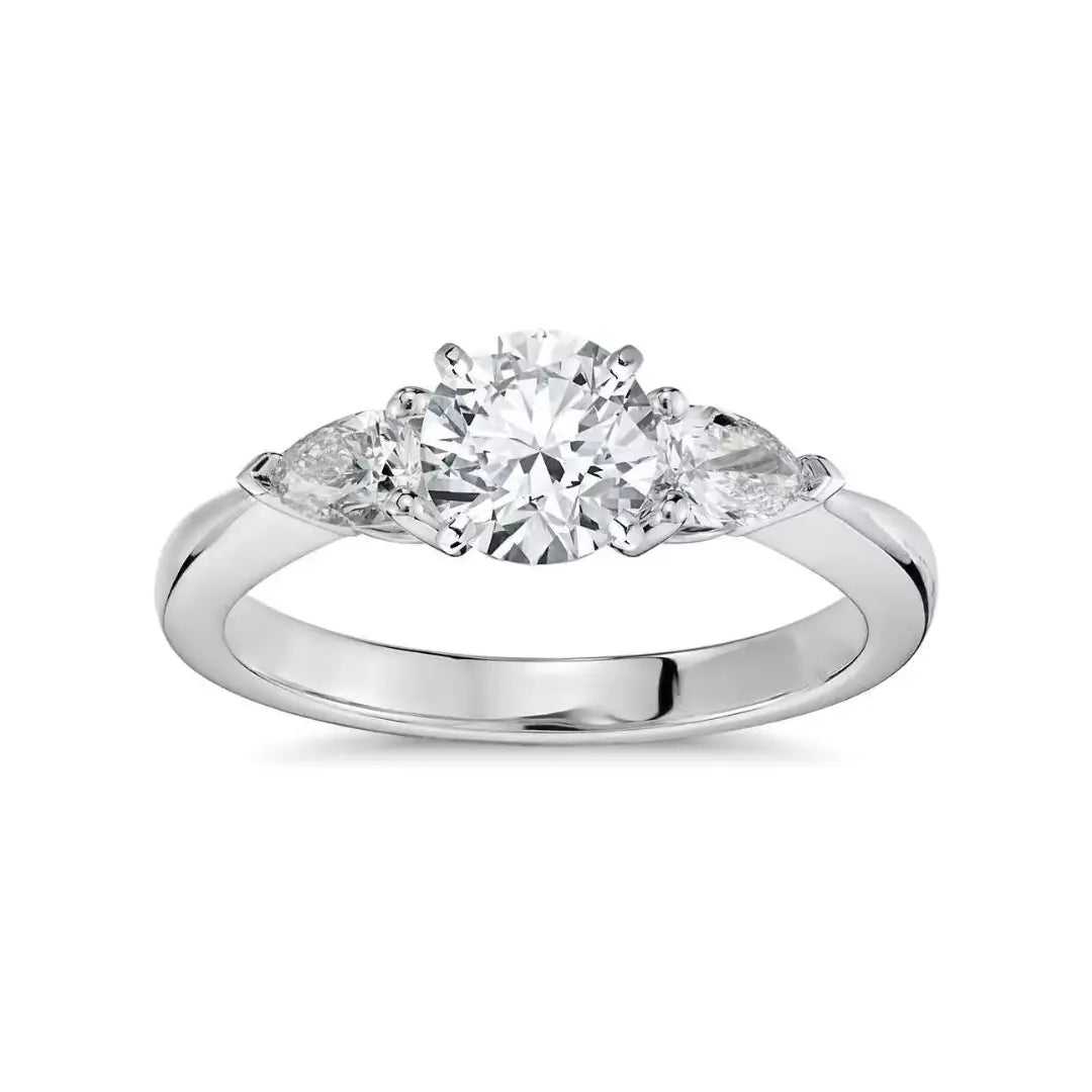 Platinum Round & Pear Natural Diamond Claw Set Trilogy Ring 0.75ct GIA Certified  Diamond Ring