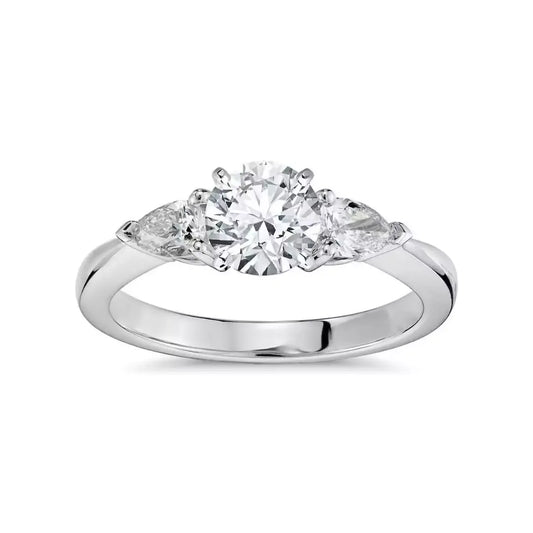 Platinum Round & Pear Natural Diamond Claw Set Trilogy Ring 0.75ct GIA Certified  Diamond Ring