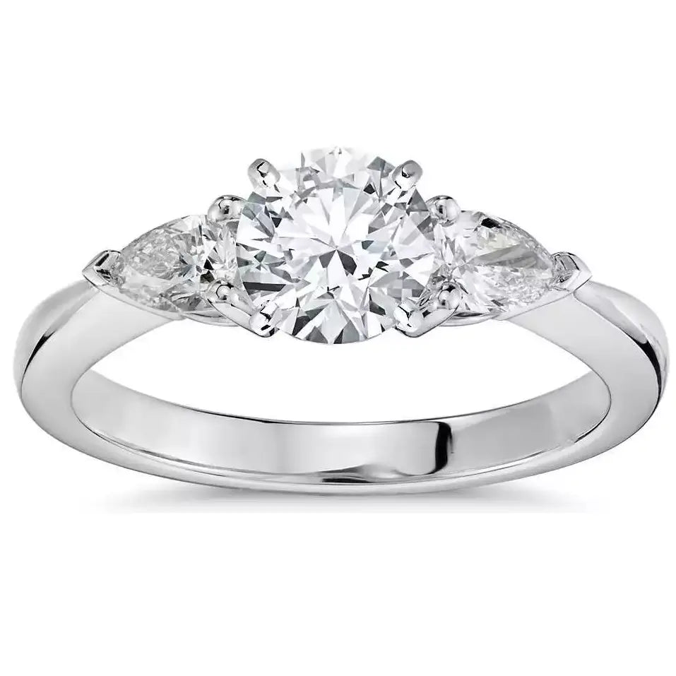 Platinum Round & Pear Natural Diamond Claw Set Trilogy Ring 1.25ct GIA Certified  Diamond Ring