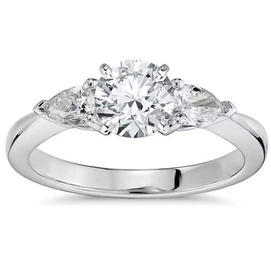 Platinum Round & Pear Natural Diamond Claw Set Trilogy Ring 1.25ct GIA Certified  Diamond Ring