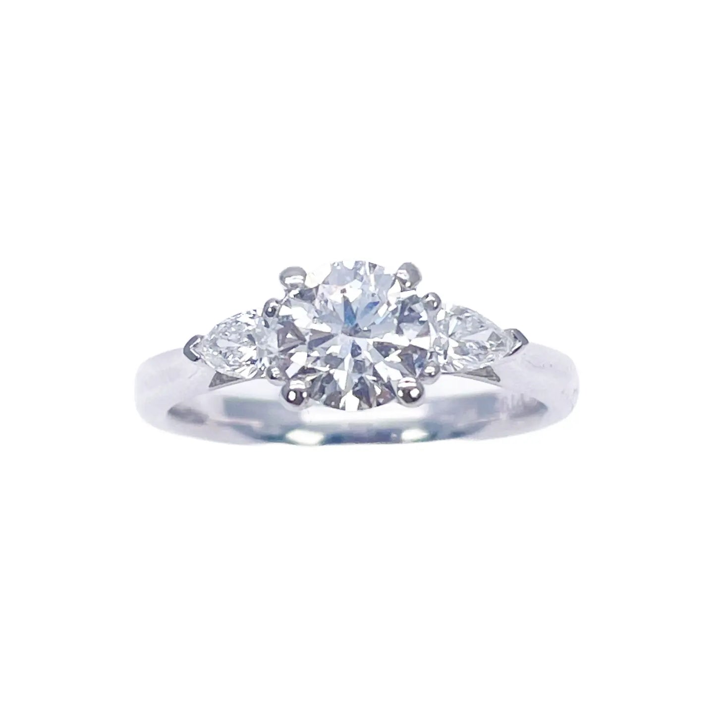 Platinum Round & Pear Natural Diamond Claw Set Trilogy Ring 1.25ct GIA Certified  Diamond Ring