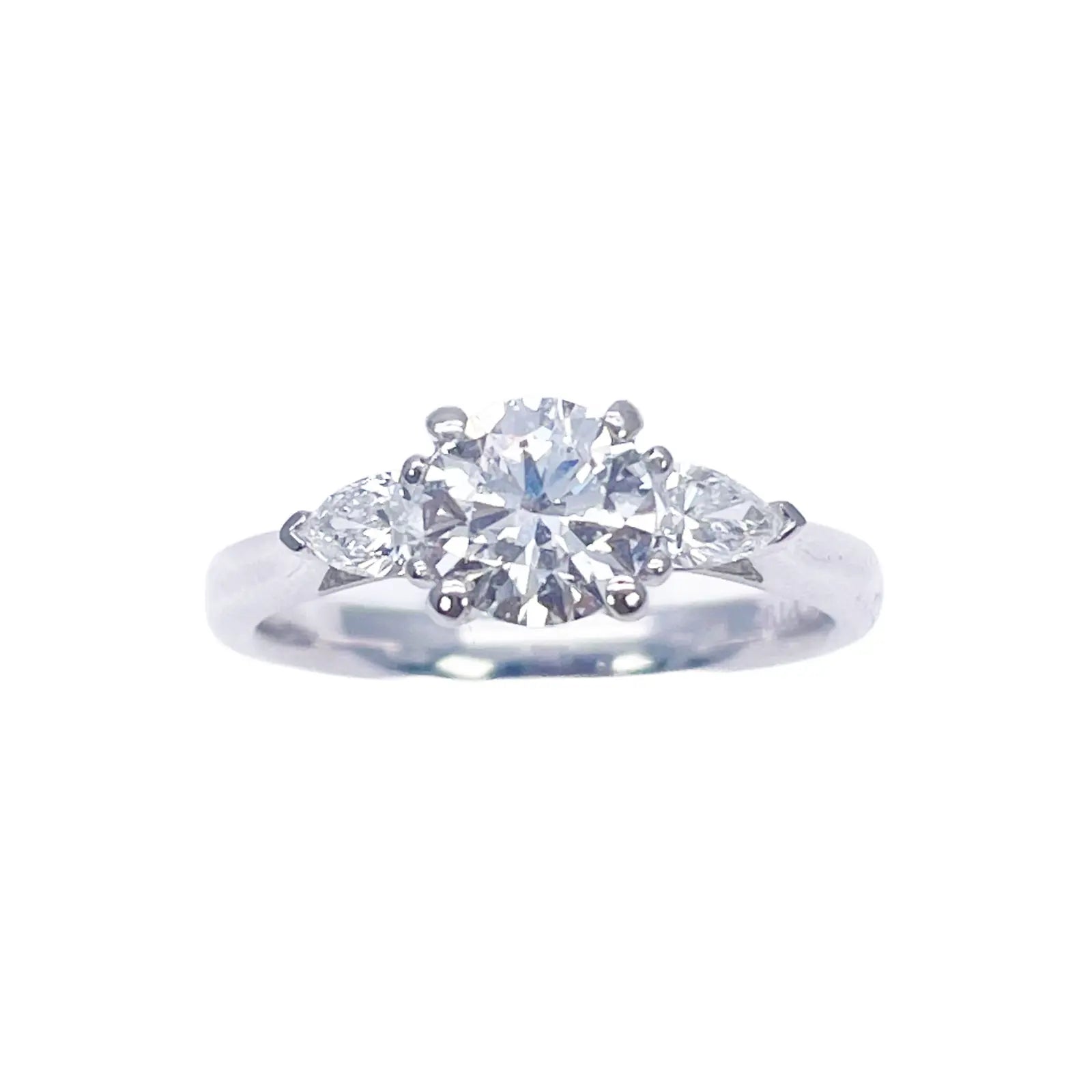 Platinum Round & Pear Natural Diamond Claw Set Trilogy Ring 1.25ct GIA Certified  Diamond Ring