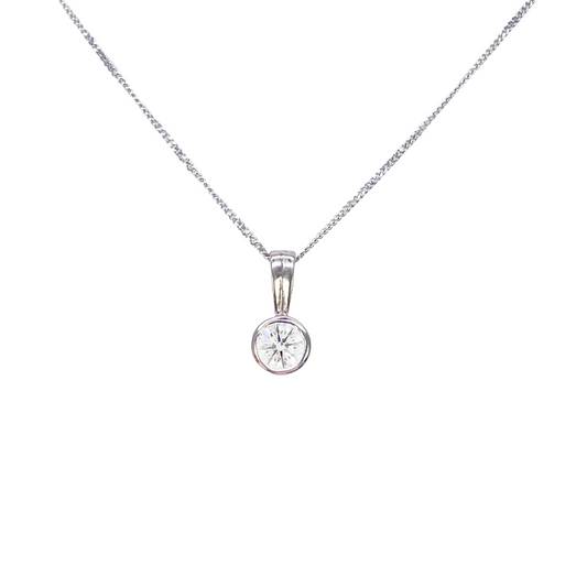 Round Natural Diamond Solitaire Bezel Rubover Set Pendant & Chain 0.30ct GIA Certified 