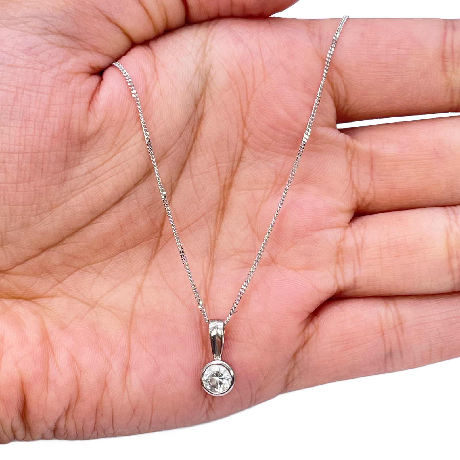 Round Natural Diamond Solitaire Bezel Rubover Set Pendant & Chain 0.30ct GIA Certified 