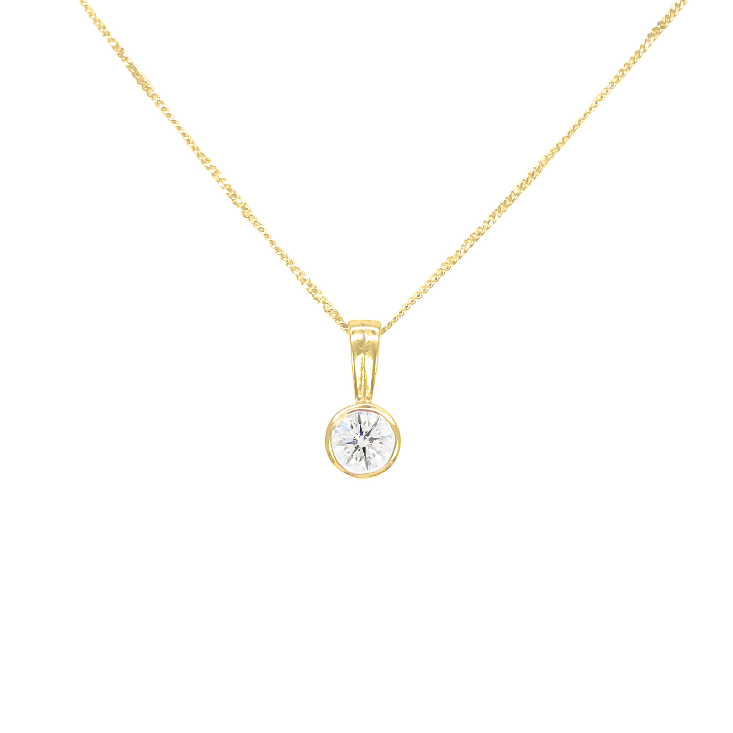 Round Natural Diamond Solitaire Bezel Rubover Set Pendant & Chain 0.30ct GIA Certified 