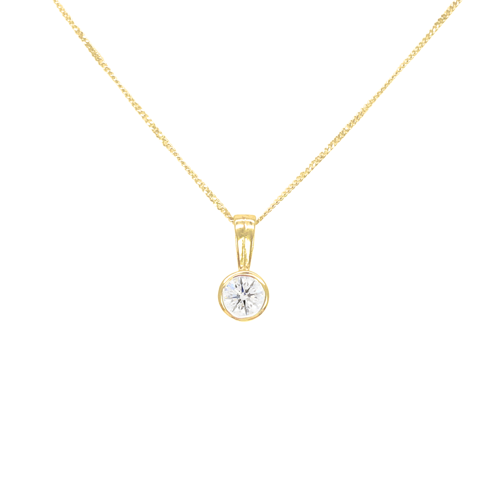 Round Natural Diamond Solitaire Bezel Rubover Set Pendant & Chain 0.30ct GIA Certified 
