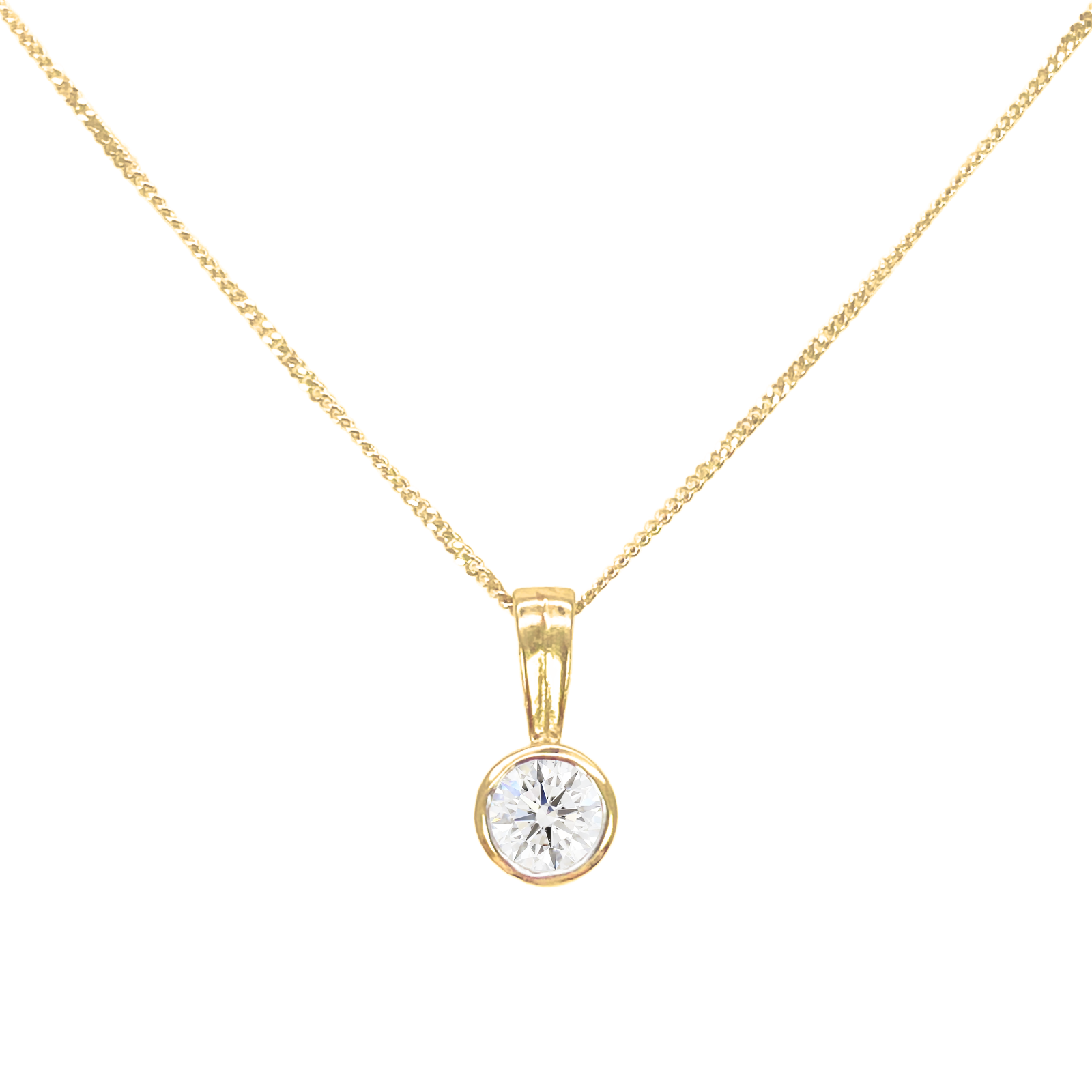 Round Natural Diamond Solitaire Bezel Rubover Set Pendant & Chain 0.50ct GIA Certified 