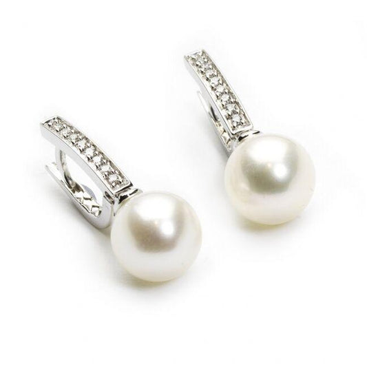 18Ct White Gold Fresh Water Cultured Pearls & Diamonds Drop Earrings 0.15cts