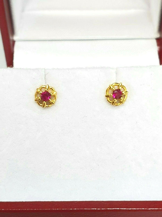 22ct Yellow Gold Red Cubic Zircon Children's earrings claw set