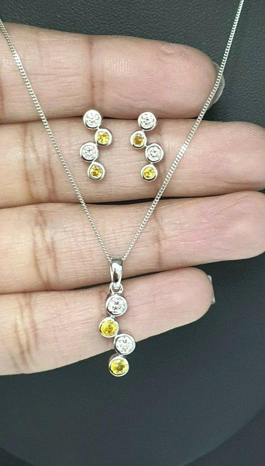 18K White Gold Yellow Sapphire & Diamonds Rubover Pendant Earrings chain 1.20cts