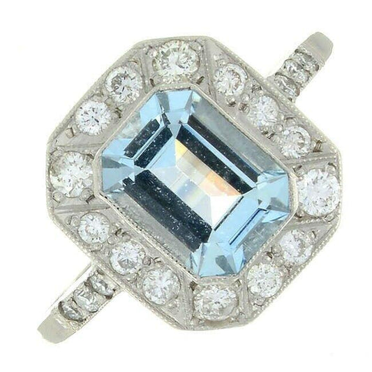 Vintage Design Aquamarine & Diamond Platinum Ring 0.20cts Pre-Owned Excellent Condition