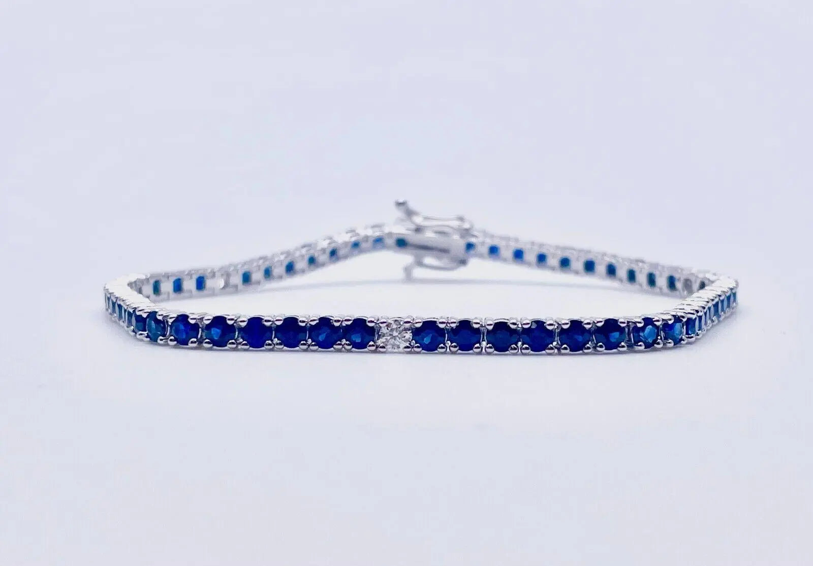 14ct White Gold Diamond & Blue Sapphire Ladies Tennis Bracelet 5.24ct 7  Diamond Bracelets