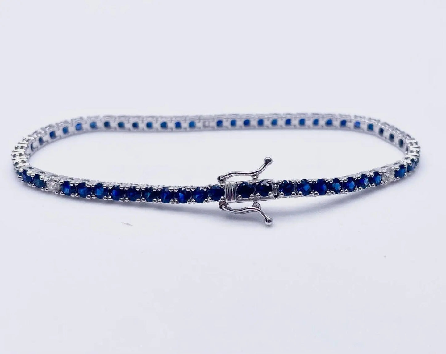 14ct White Gold Diamond & Blue Sapphire Ladies Tennis Bracelet 5.24ct 7  Diamond Bracelets