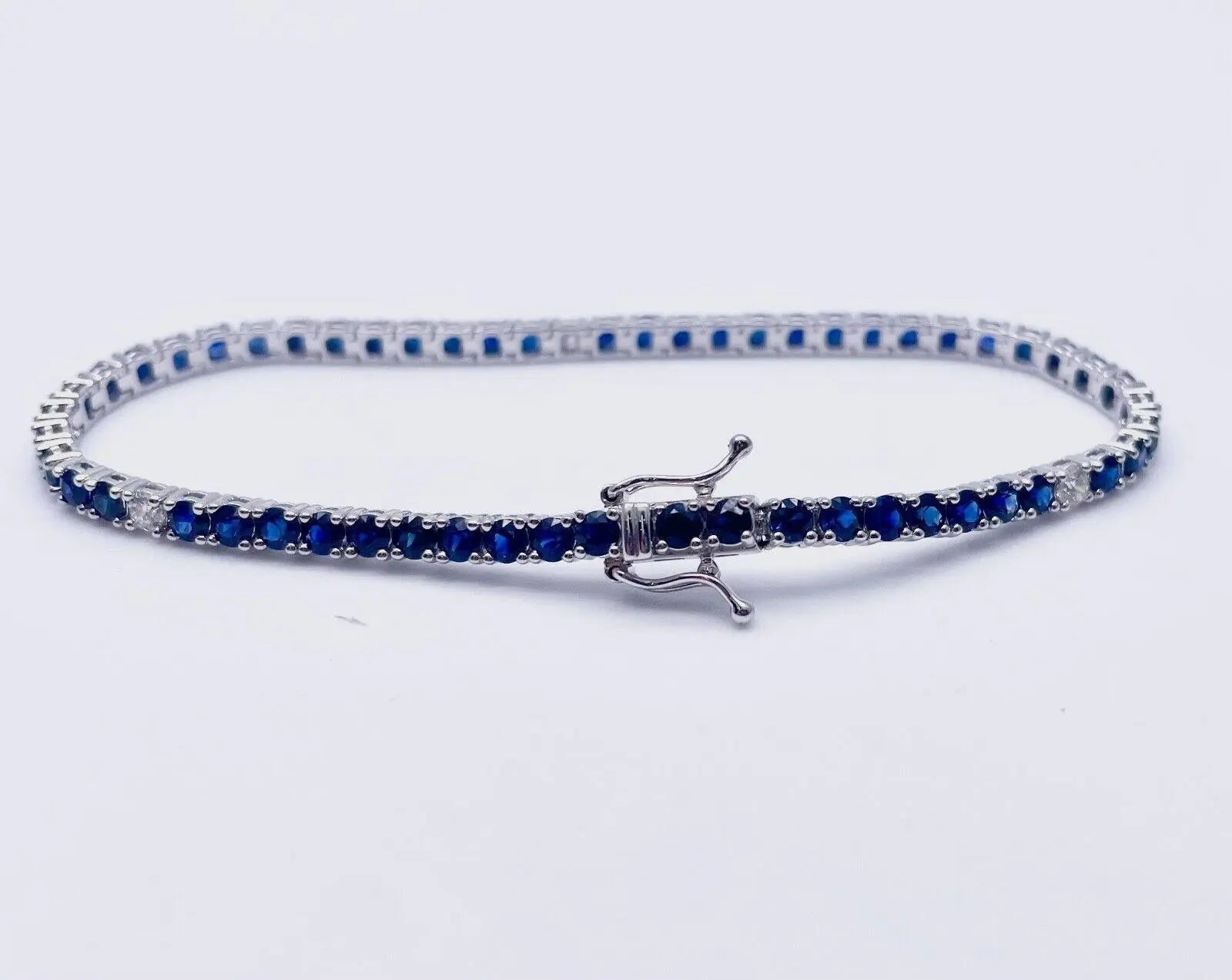 14ct White Gold Diamond & Blue Sapphire Ladies Tennis Bracelet 5.24ct 7  Diamond Bracelets