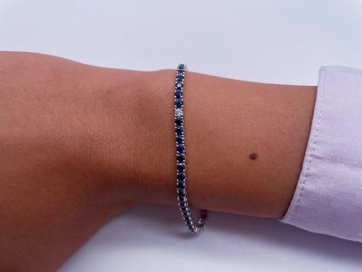 14ct White Gold Diamond & Blue Sapphire Ladies Tennis Bracelet 5.24ct 7  Diamond Bracelets